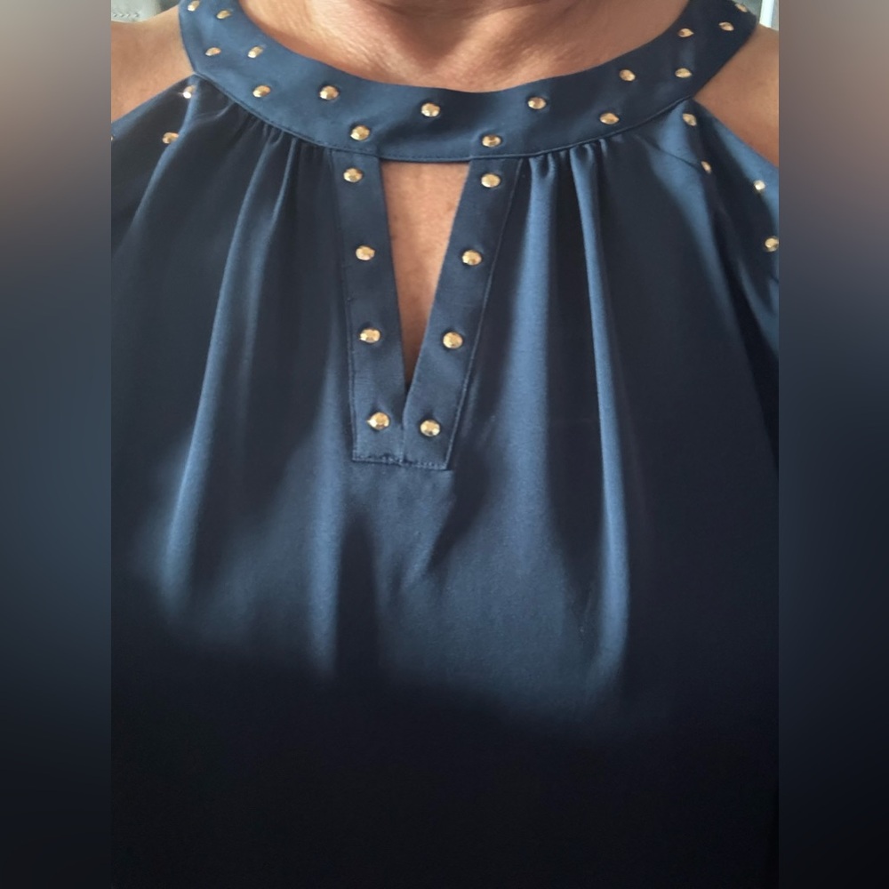 INC International Concepts Navy Gold Stud Sleeveless Blouse Business Casual Chic